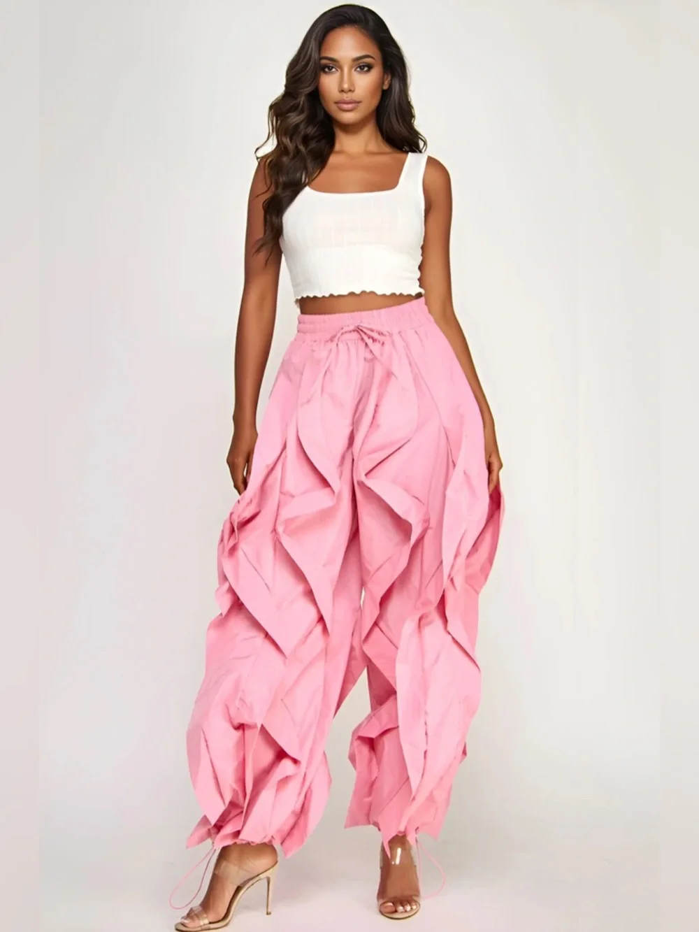 Yellow Ruffle Wide-Leg Wavy Drawstring Pants - Picture 10 of 16